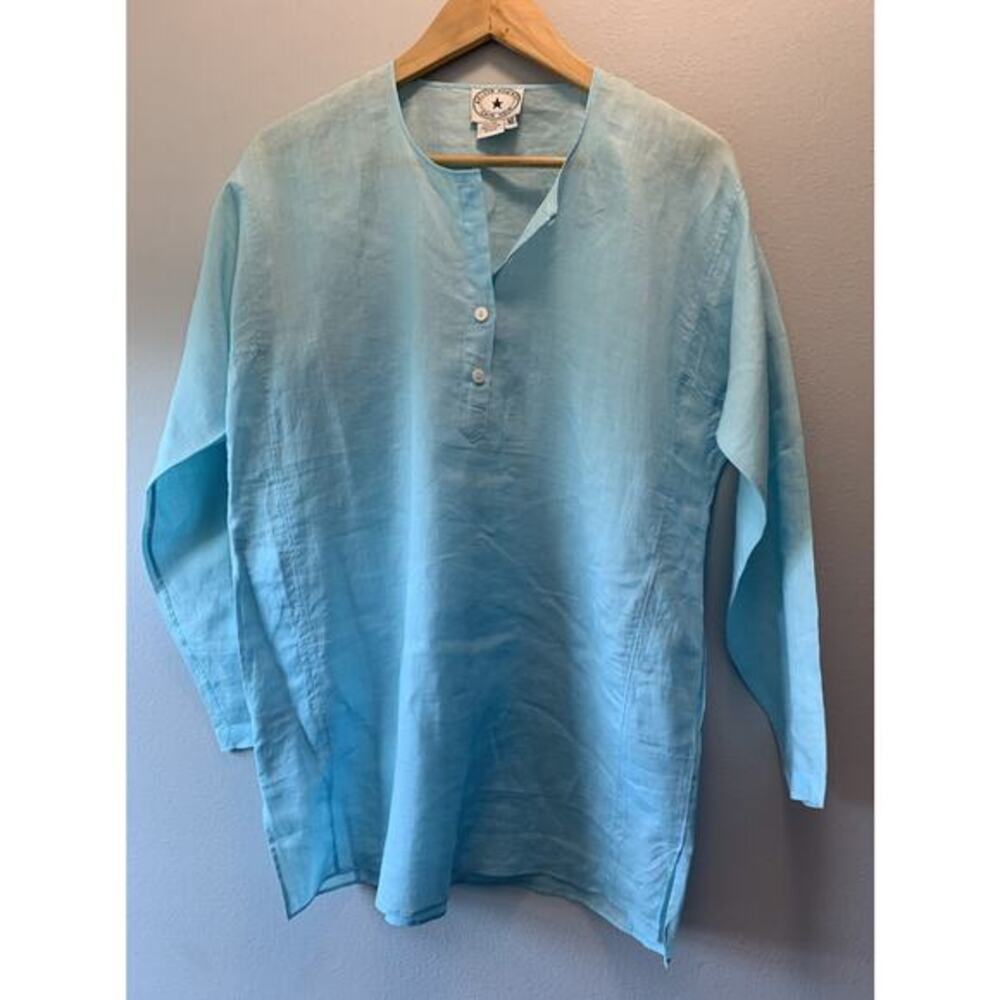 VTG Arleen Bowman Chin Chin Sz M Linen‎ Blue Tunic Shirt Lagenlook Beach Coastal